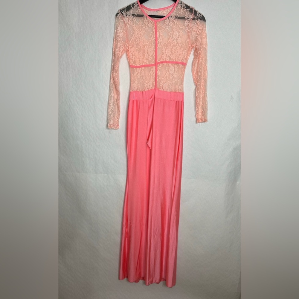 Vintage Sheer Lace Long Sleeve Maxi Dress Flamingo Pink Size Medium Romantic - Picture 4 of 10